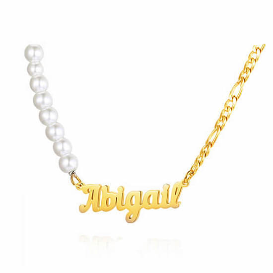 Custom pearl necklace with name plate suppliers personalized Figaro Chain nameplate jewelry manufacturers